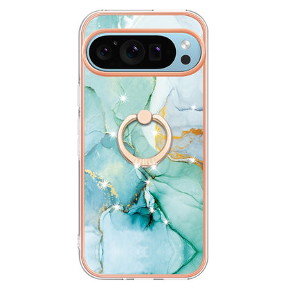 For Google Pixel 9 Pro XL Electroplating Marble IMD TPU Phone Case with Ring Holder(Green 003) by buy2fix