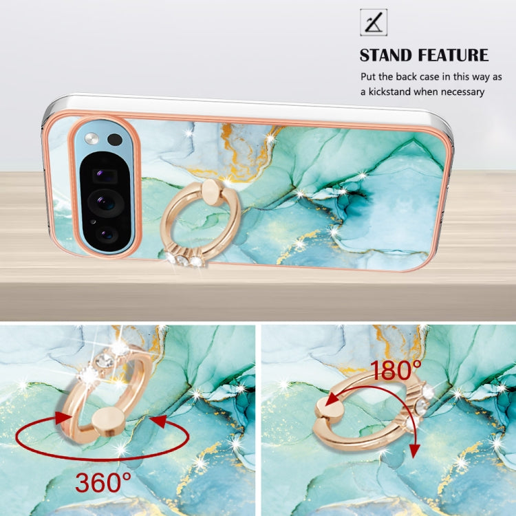 For Google Pixel 9 Pro XL Electroplating Marble IMD TPU Phone Case with Ring Holder(Green 003) by buy2fix