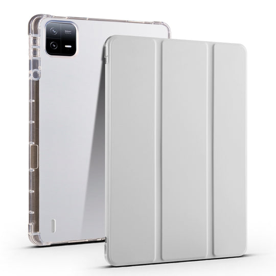 For Xiaomi Pad 7 / 7 Pro 3-fold Clear TPU Smart Leather Tablet Case with Pen Slot(Space Gray)