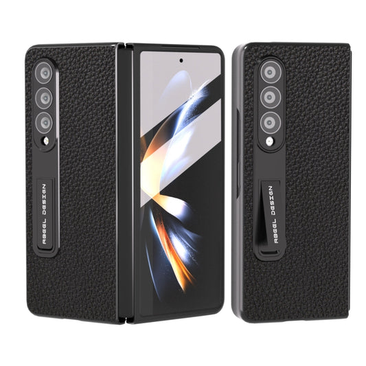 For Samsung Galaxy Z Fold4 5G Integrated Genuine Leather Litchi Texture Phone Case with Holder(Black) - Galaxy Z Fold4 5G Cases by buy2fix | Online Shopping UK | buy2fix