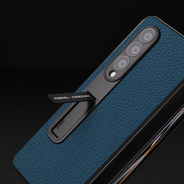 For Samsung Galaxy Z Fold4 5G Integrated Genuine Leather Litchi Texture Phone Case with Holder(Blue) - Galaxy Z Fold4 5G Cases by buy2fix | Online Shopping UK | buy2fix