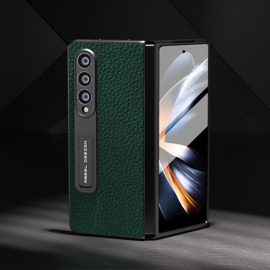 For Samsung Galaxy Z Fold4 5G Integrated Genuine Leather Litchi Texture Phone Case with Holder(Green) - Galaxy Z Fold4 5G Cases by buy2fix | Online Shopping UK | buy2fix