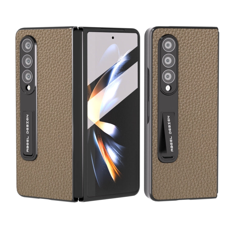 For Samsung Galaxy Z Fold4 5G Integrated Genuine Leather Litchi Texture Phone Case with Holder(Grey) - Galaxy Z Fold4 5G Cases by buy2fix | Online Shopping UK | buy2fix