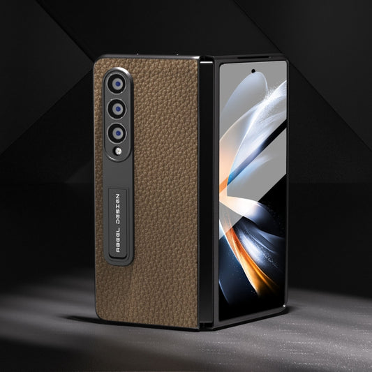 For Samsung Galaxy Z Fold4 5G Integrated Genuine Leather Litchi Texture Phone Case with Holder(Grey) - Galaxy Z Fold4 5G Cases by buy2fix | Online Shopping UK | buy2fix