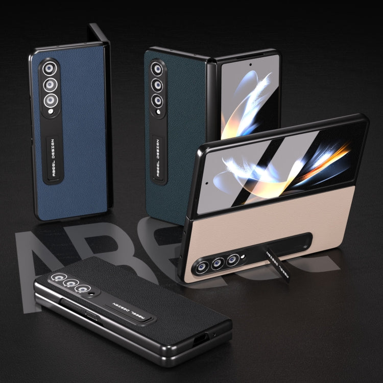 For Samsung Galaxy Z Fold3 5G Integrated Genuine Leather + PC Litchi Texture Phone Case with Holder(Black) - Galaxy Phone Cases by buy2fix | Online Shopping UK | buy2fix