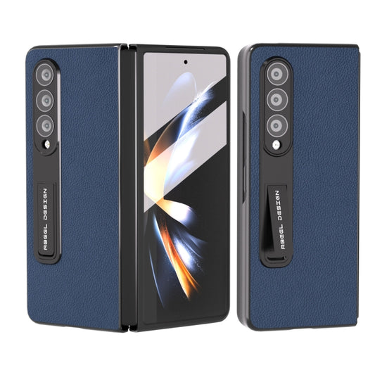 For Samsung Galaxy Z Fold4 5G Integrated Genuine Leather + PC Litchi Texture Phone Case with Holder(Blue) - Galaxy Z Fold4 5G Cases by buy2fix | Online Shopping UK | buy2fix