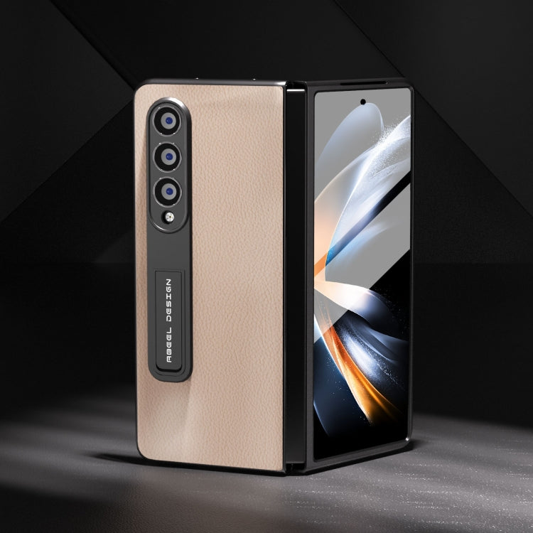 For Samsung Galaxy Z Fold4 5G Integrated Genuine Leather + PC Litchi Texture Phone Case with Holder(Pink Gold) - Galaxy Z Fold4 5G Cases by buy2fix | Online Shopping UK | buy2fix