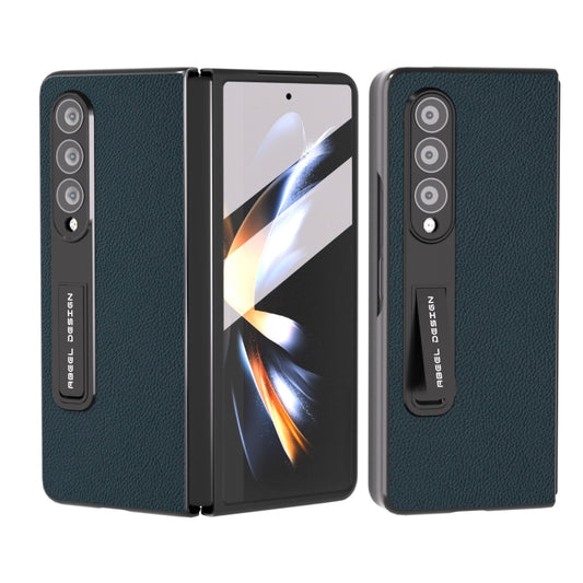 For Samsung Galaxy Z Fold4 5G Integrated Genuine Leather + PC Litchi Texture Phone Case with Holder(Green) - Galaxy Z Fold4 5G Cases by buy2fix | Online Shopping UK | buy2fix