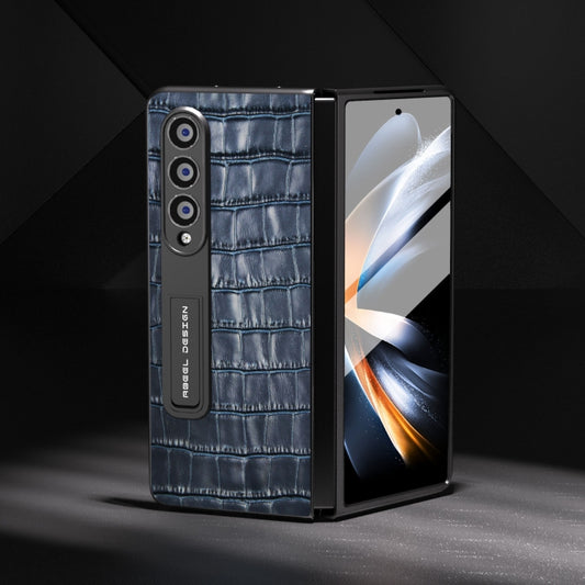 For Samsung Galaxy Z Fold4 5G Integrated Crocodile Texture Genuine Leather Phone Case(Blue) - Galaxy Z Fold4 5G Cases by buy2fix | Online Shopping UK | buy2fix