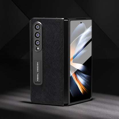 For Samsung Galaxy Z Fold4 5G Integrated Cross Texture Genuine Leather Phone Case with Holder(Black) - Galaxy Z Fold4 5G Cases by buy2fix | Online Shopping UK | buy2fix