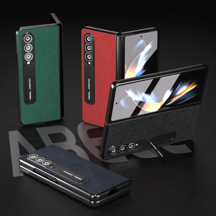 For Samsung Galaxy Z Fold4 5G Integrated Cross Texture Genuine Leather Phone Case with Holder(Black) - Galaxy Z Fold4 5G Cases by buy2fix | Online Shopping UK | buy2fix