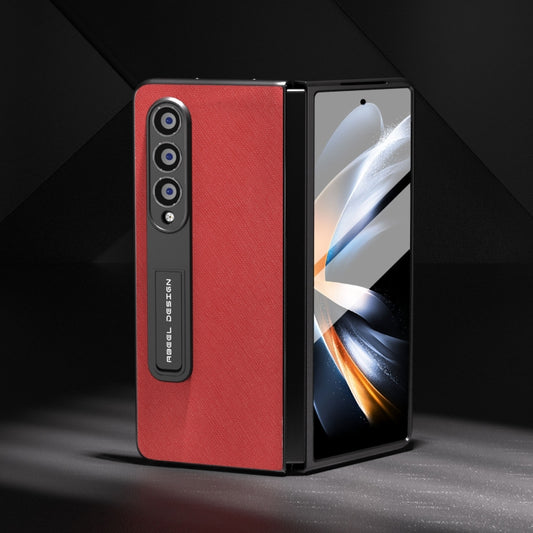 For Samsung Galaxy Z Fold4 5G Integrated Cross Texture Genuine Leather Phone Case with Holder(Red) - Galaxy Z Fold4 5G Cases by buy2fix | Online Shopping UK | buy2fix