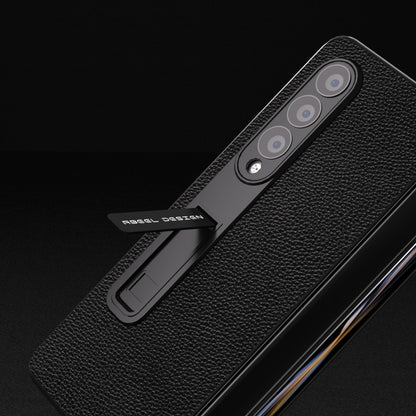 For Samsung Galaxy Z Fold3 5G Integrated Black Edge Genuine Leather Mino Phone Case with Holder(Black) - Galaxy Phone Cases by buy2fix | Online Shopping UK | buy2fix