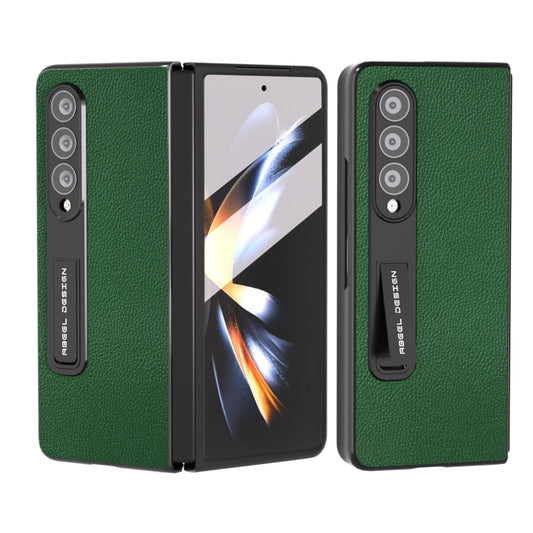 For Samsung Galaxy Z Fold4 5G Integrated Black Edge Genuine Leather Mino Phone Case with Holder(Green) - Galaxy Z Fold4 5G Cases by buy2fix | Online Shopping UK | buy2fix