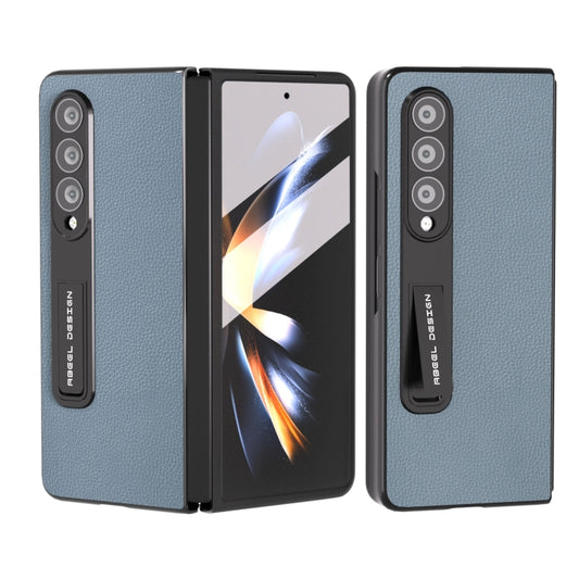 For Samsung Galaxy Z Fold4 5G Integrated Black Edge Genuine Leather Mino Phone Case with Holder(Blue) - Galaxy Z Fold4 5G Cases by buy2fix | Online Shopping UK | buy2fix
