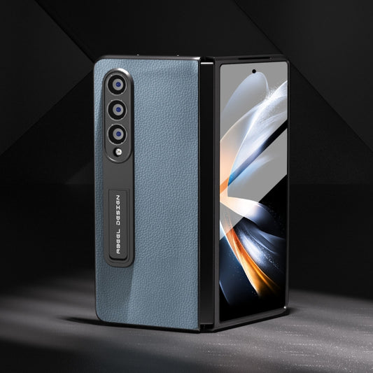 For Samsung Galaxy Z Fold4 5G Integrated Black Edge Genuine Leather Mino Phone Case with Holder(Blue) - Galaxy Z Fold4 5G Cases by buy2fix | Online Shopping UK | buy2fix