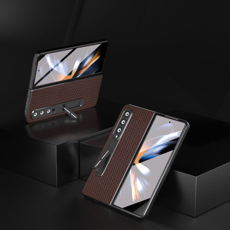 For Samsung Galaxy Z Fold3 5G Integrated Genuine Leather Luxury Series Phone Case with Holder(Coffee) - Galaxy Phone Cases by buy2fix | Online Shopping UK | buy2fix