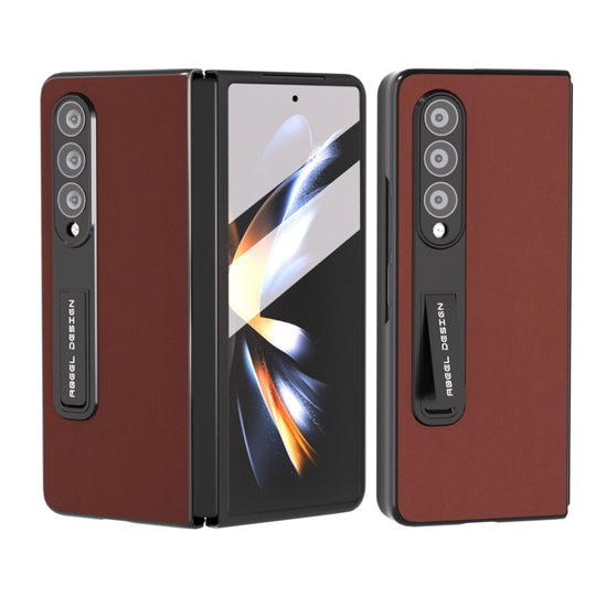 For Samsung Galaxy Z Fold3 5G Integrated Genuine Silky Soft ABEEL Black Edge Phone Case with Holder(Coffee)