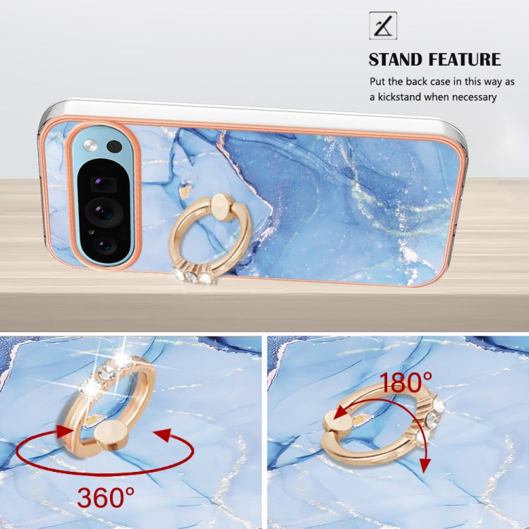 For Google Pixel 9 / 9 Pro Electroplating Marble Dual-side IMD Phone Case with Ring(Blue 018) - Google Cases by buy2fix | Online Shopping UK | buy2fix