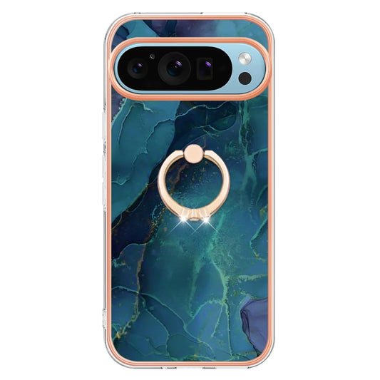 For Google Pixel 9 Pro XL Electroplating Marble Dual-side IMD Phone Case with Ring(Green 017) by buy2fix