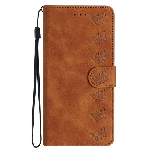 For iPhone 16 Seven Butterflies Embossed Leather Phone Case(Brown) by buy2fix