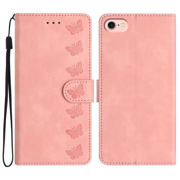 For iPhone 16e Seven Butterflies Embossed Leather Phone Case(Pink) - iPhone 16e Cases by buy2fix | Online Shopping UK | buy2fix