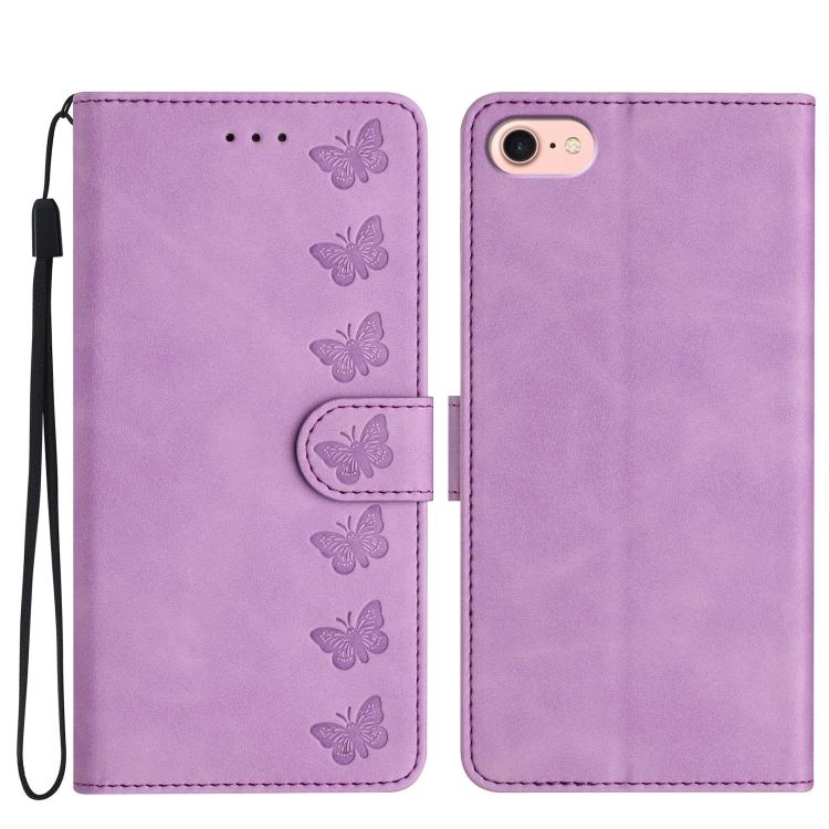 For iPhone 16e Seven Butterflies Embossed Leather Phone Case(Purple) - iPhone 16e Cases by buy2fix | Online Shopping UK | buy2fix