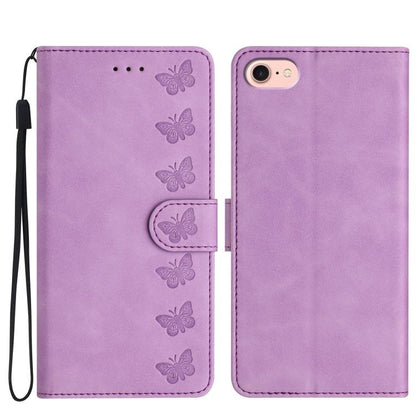 For iPhone 16e Seven Butterflies Embossed Leather Phone Case(Purple) - iPhone 16e Cases by buy2fix | Online Shopping UK | buy2fix