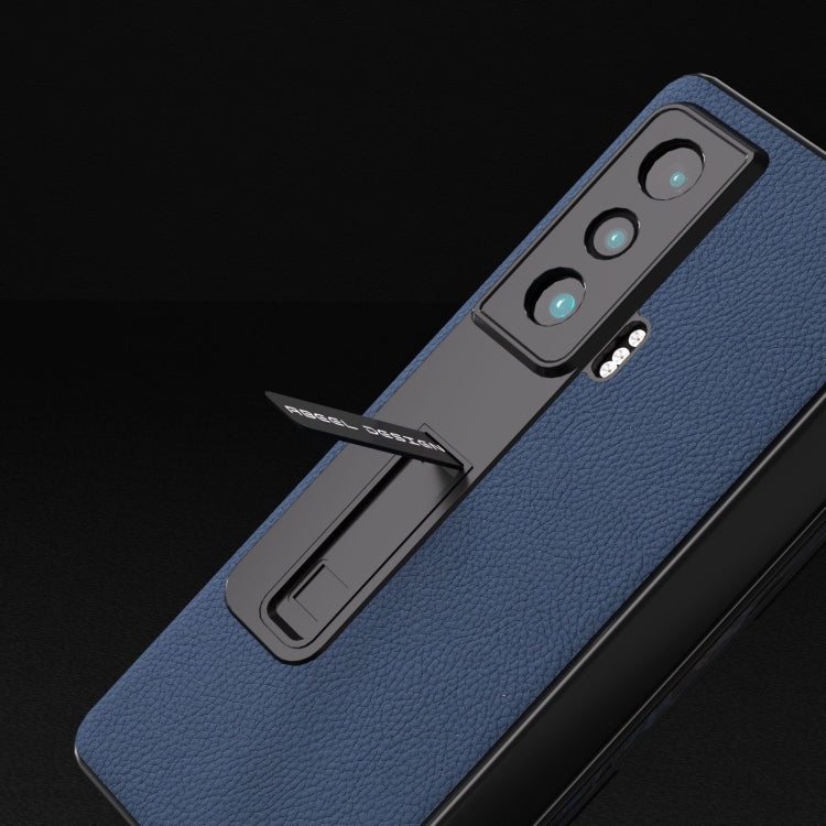 For Honor Magic Vs Integrated Genuine Leather + PC Litchi Texture Phone Case with Holder(Blue) - Honor Cases by buy2fix | Online Shopping UK | buy2fix
