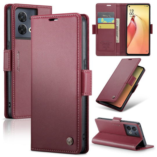 For OPPO Reno8 Pro 5G Global CaseMe 023 Butterfly Buckle Litchi Texture RFID Anti-theft Leather Phone Case(Wine Red)