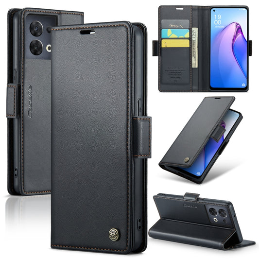 For OPPO Reno8 5G Global CaseMe 023 Butterfly Buckle Litchi Texture RFID Anti-theft Leather Phone Case(Black) by CaseMe