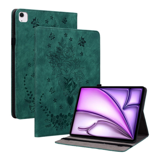 For iPad Air 11 2026 / 2025 / 2024 Butterfly Rose Embossed Leather Smart Tablet Case(Green)