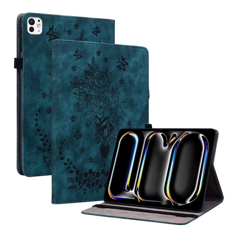 For iPad Pro 11 2024 Butterfly Rose Embossed Leather Smart Tablet Case(Dark Blue) - iPad Pro 11 2024 Cases by buy2fix | Online Shopping UK | buy2fix