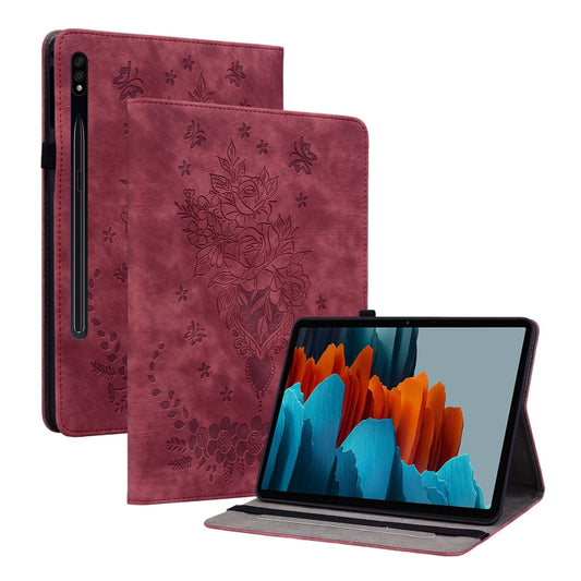 For Samsung Galaxy Tab S8+ / S7+ / S7 FE Butterfly Rose Embossed Leather Tablet Case(Red) by buy2fix