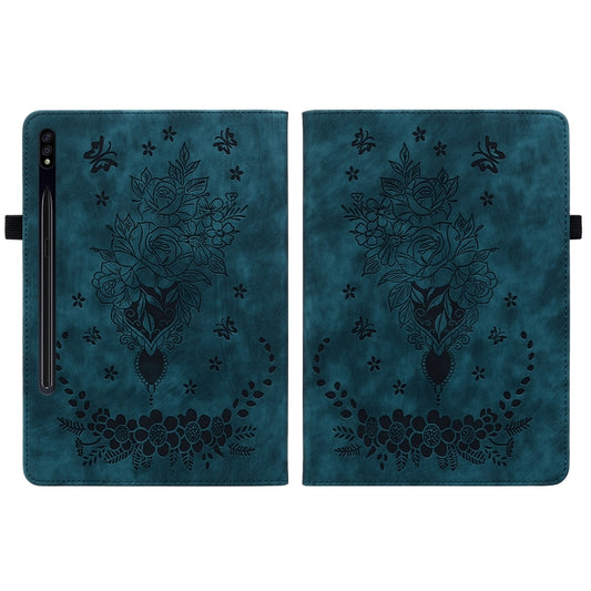 For Samsung Galaxy Tab S9 Butterfly Rose Embossed Leather Tablet Case(Dark Blue) by buy2fix