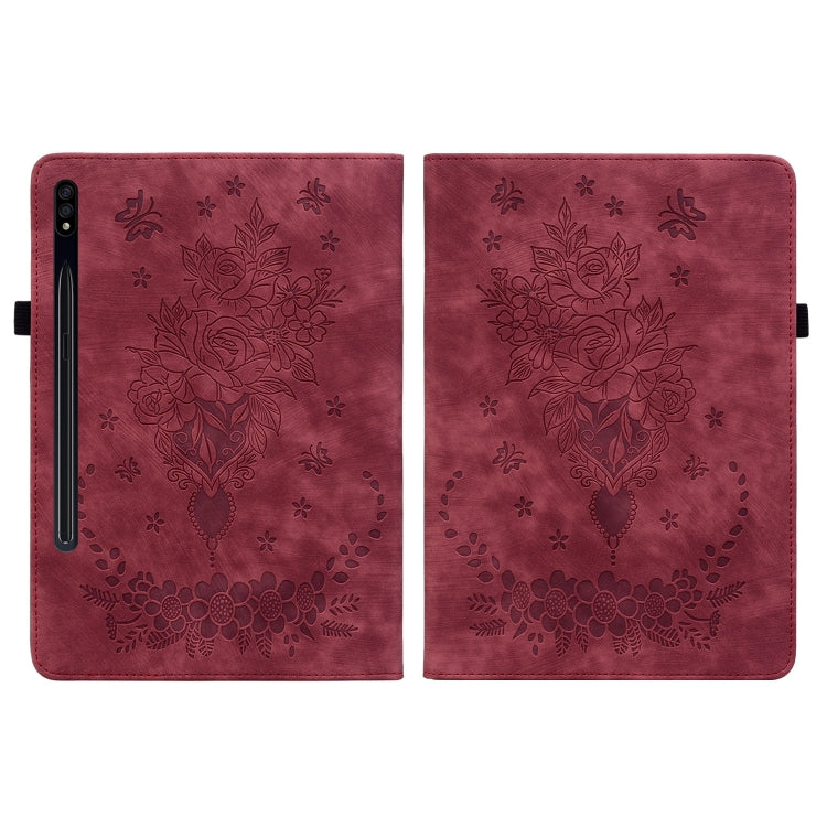 For Samsung Galaxy Tab S9+ Butterfly Rose Embossed Leather Tablet Case(Red) - Galaxy Tab S9+ Cases by buy2fix | Online Shopping UK | buy2fix