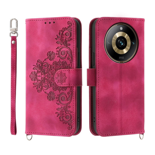 For Realme 11 Pro 5G / 11 Pro+ 5G Skin Feel Flowers Embossed Wallet Leather Phone Case(Wine Red)