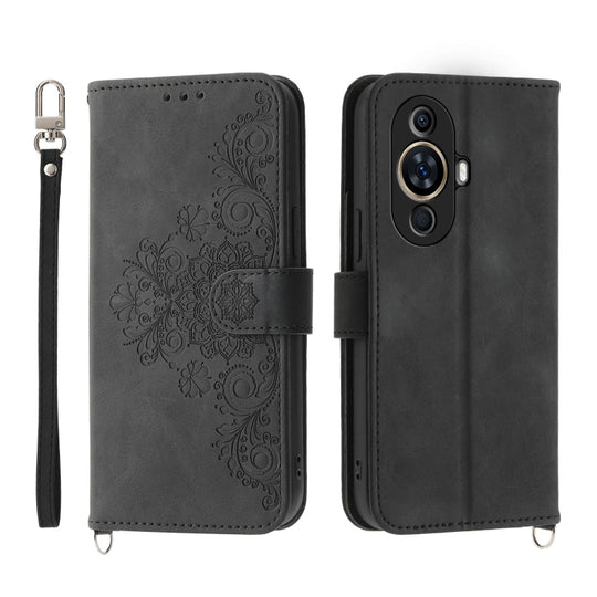 For Huawei nova 11 Skin Feel Flowers Embossed Wallet Leather Phone Case(Black)