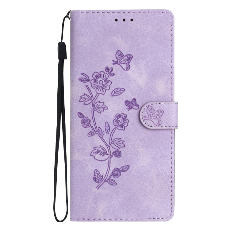 For iPhone 16 Pro Max Flower Butterfly Embossing Pattern Leather Phone Case(Purple) - iPhone 16 Pro Max Cases by buy2fix | Online Shopping UK | buy2fix