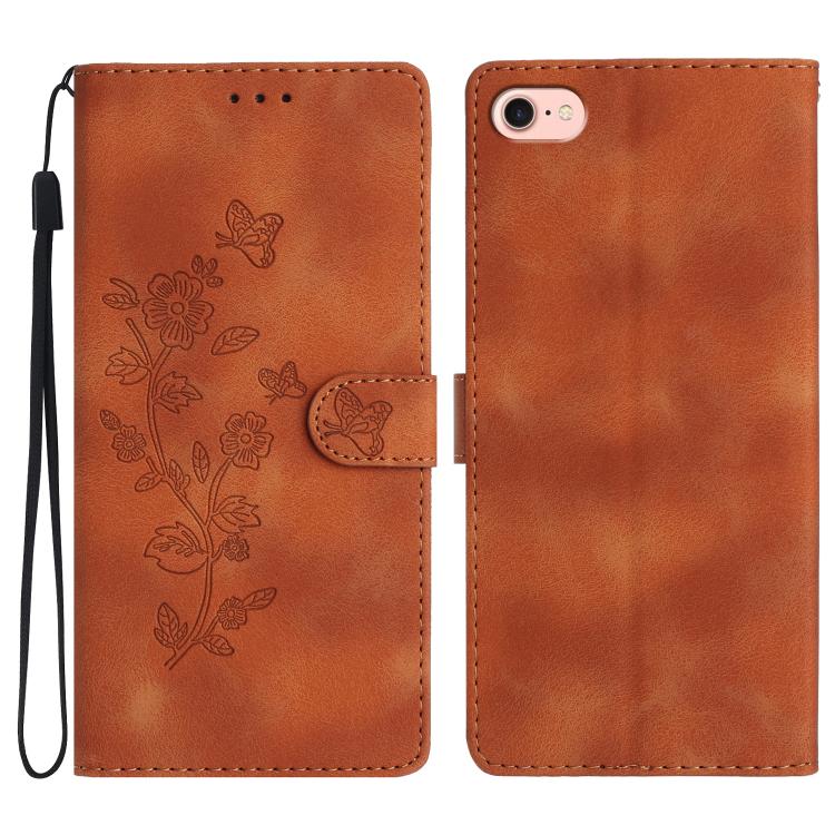 For iPhone 16e Flower Butterfly Embossing Pattern Leather Phone Case(Brown) - iPhone 16e Cases by buy2fix | Online Shopping UK | buy2fix