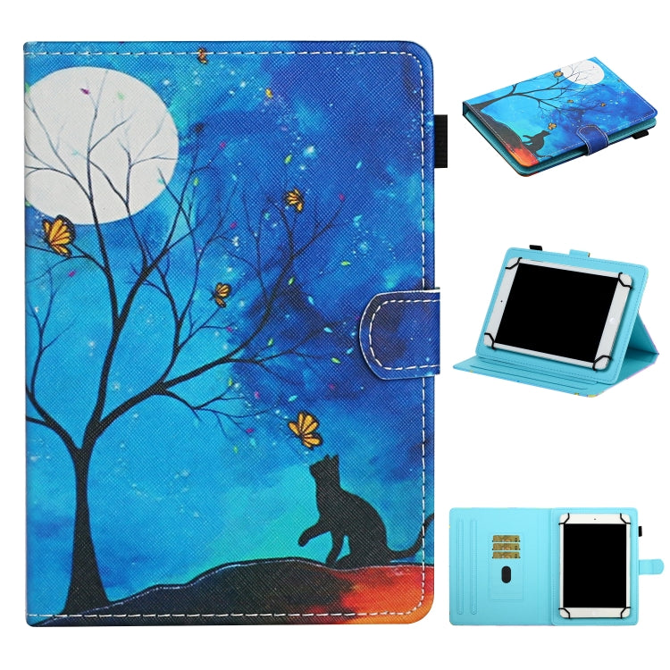 For 10 inch Universal Tablet PC Colored Drawing Pattern Horizontal Flip Leather Case with Holder & Card Slots(Moonlight Cat) - 10 - 11 inch by buy2fix | Online Shopping UK | buy2fix