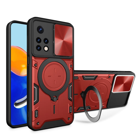 For Xiaomi Redmi Note 11 Global CD Texture Sliding Camshield Magnetic Holder Phone Case(Red) - Xiaomi Cases by buy2fix | Online Shopping UK | buy2fix