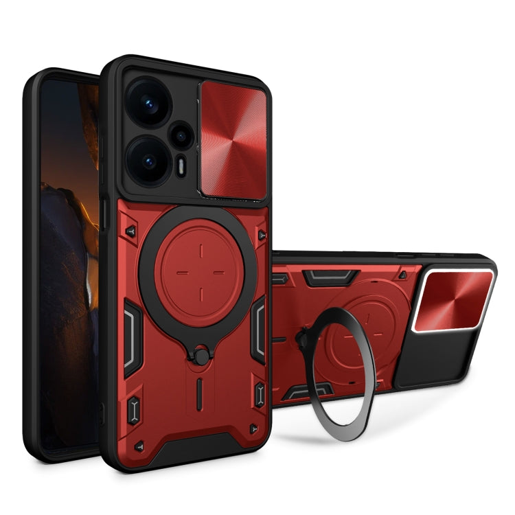 For Xiaomi Redmi Note 12 Turbo CD Texture Sliding Camshield Magnetic Holder Phone Case(Red) - Xiaomi Cases by buy2fix | Online Shopping UK | buy2fix