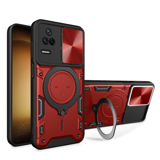 For Xiaomi Redmi K40S / Poco F4 CD Texture Sliding Camshield Magnetic Holder Phone Case(Red) - Xiaomi Cases by buy2fix | Online Shopping UK | buy2fix