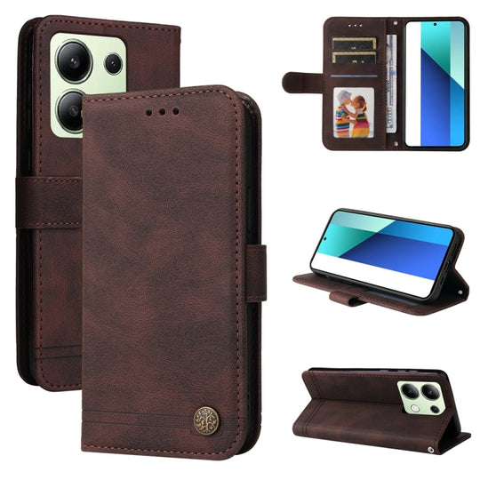 For Xiaomi Redmi Note13 4G Skin Feel Life Tree Metal Button Leather Phone Case(Brown)