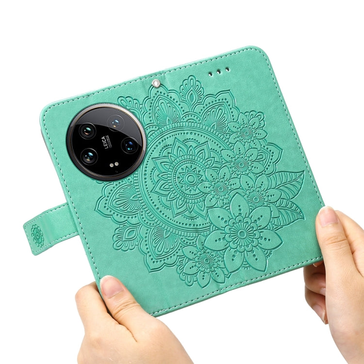 For Xiaomi 14 Ultra 7-petal Flowers Embossing Leather Phone Case(Green) - 14 Ultra Cases by buy2fix | Online Shopping UK | buy2fix