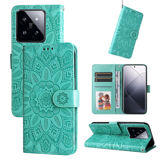For Xiaomi 14 Pro Embossed Sunflower Leather Phone Case(Green)