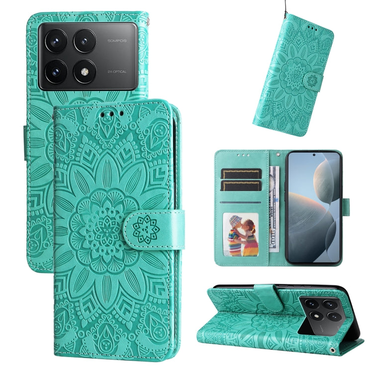 For Xiaomi Redmi K70 / K70 Pro Embossed Sunflower Leather Phone Case(Green) - K70 Pro Cases by buy2fix | Online Shopping UK | buy2fix