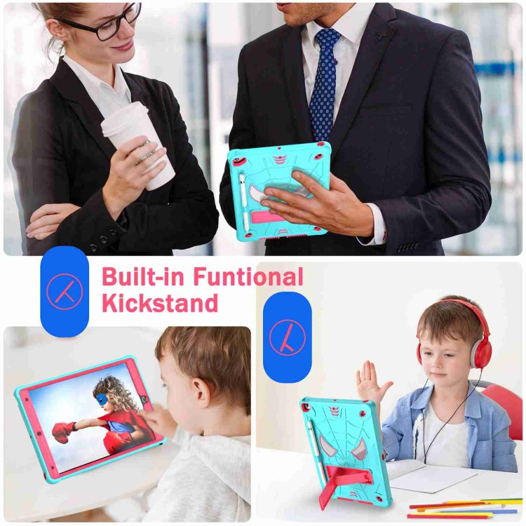 For iPad 10.2 2021 / 2020 / 2019 Spider Texture Silicone Hybrid PC Tablet Case with Shoulder Strap(Mint Green + Rose Red) - iPad 10.2 Cases by buy2fix | Online Shopping UK | buy2fix