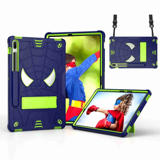 For Samsung Galaxy Tab S7 FE / S7+ / S8+ Spider Texture Silicone Hybrid PC Tablet Case with Shoulder Strap(Navy Blue + Yellow Green) by buy2fix